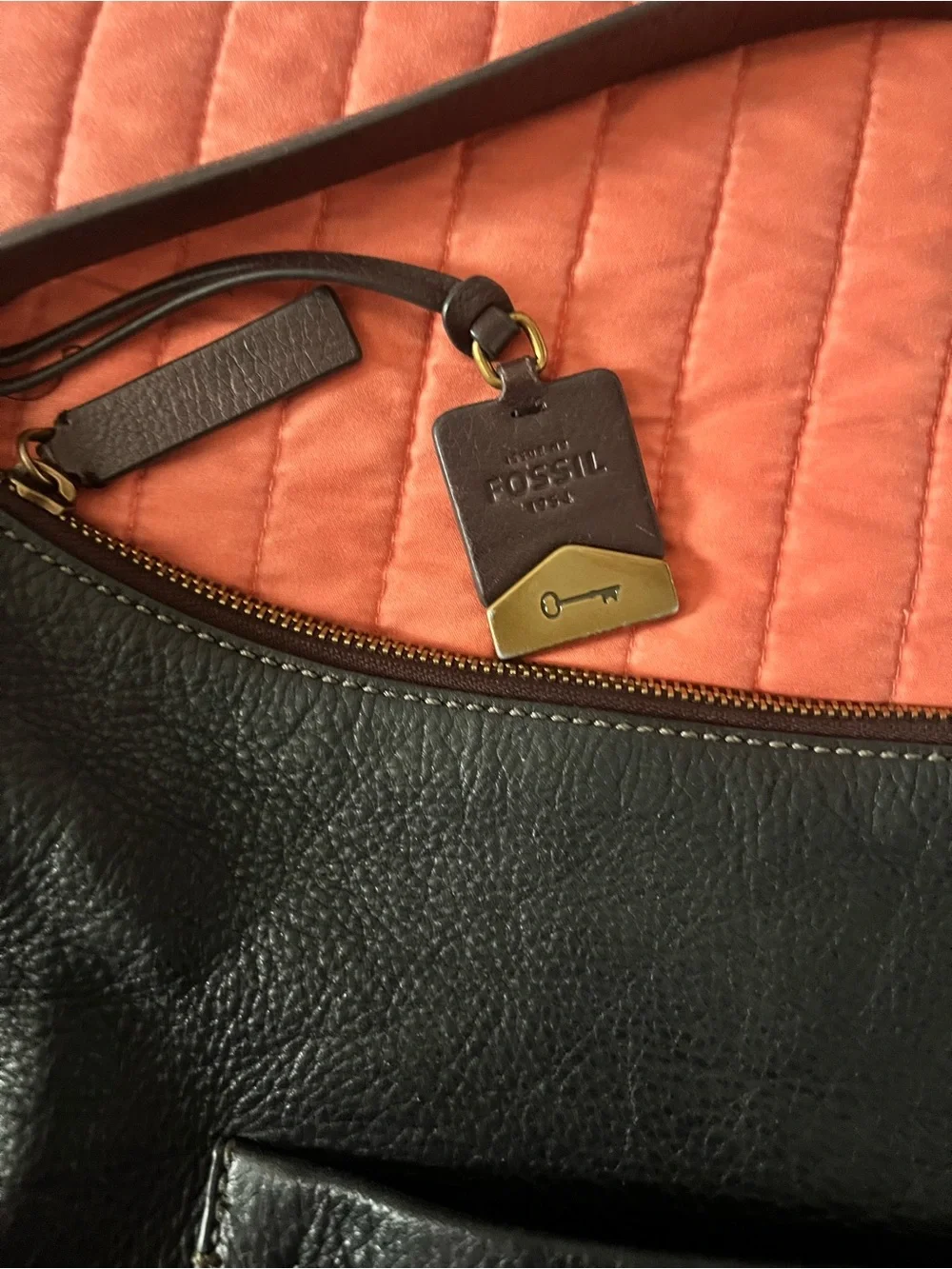 Fossil Black Leather Hobo Bag with Brown Strap and Gold Hardware